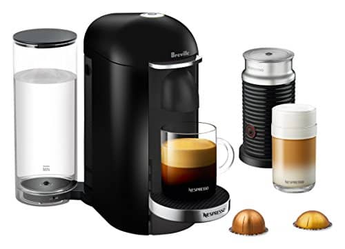 Picture of VertuoPlus Deluxe coffee machine with glass mug and coffee pods