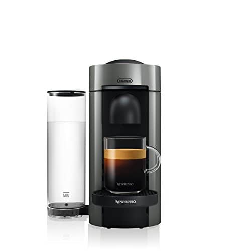 Picture of VertuoPlus coffee machine with glass mug and coffee 
